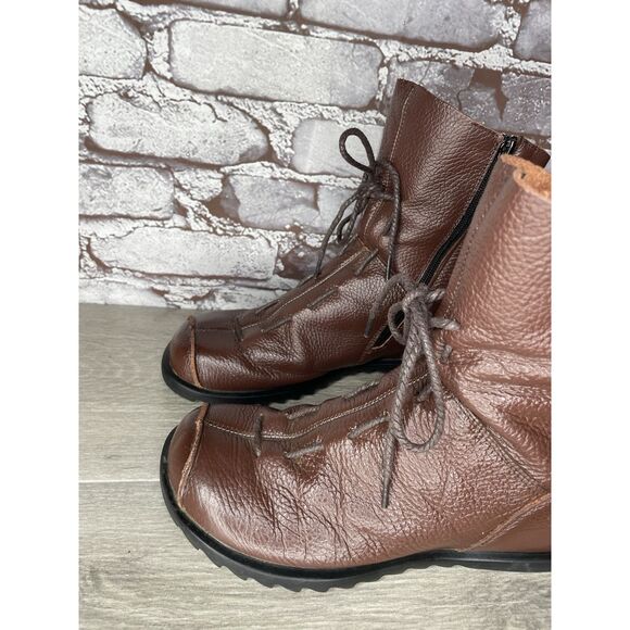 Hin Rui VTG Brown Leather Ankle Boots Rope Laces Side Zip Women 8.5M US/39EU 250 - Picture 10 of 16